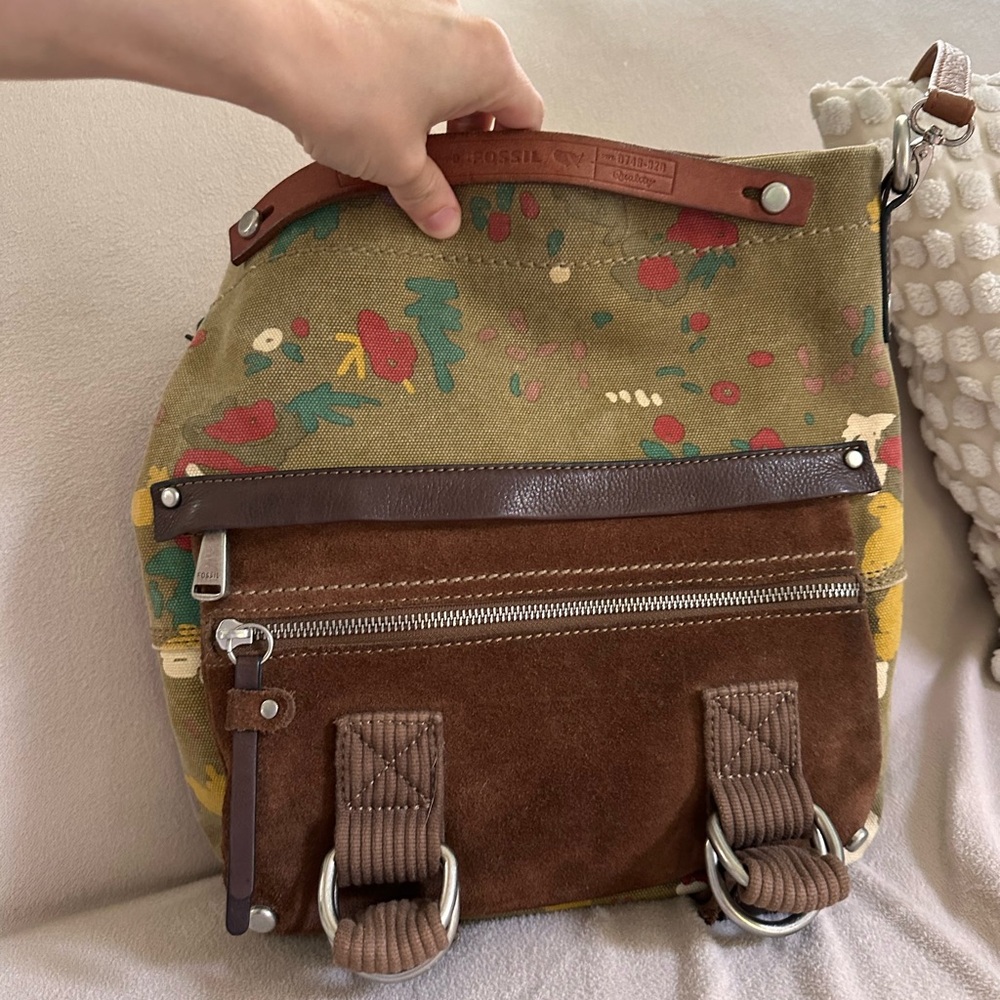 Fossil Floral Canvas and Brown Leather Tote